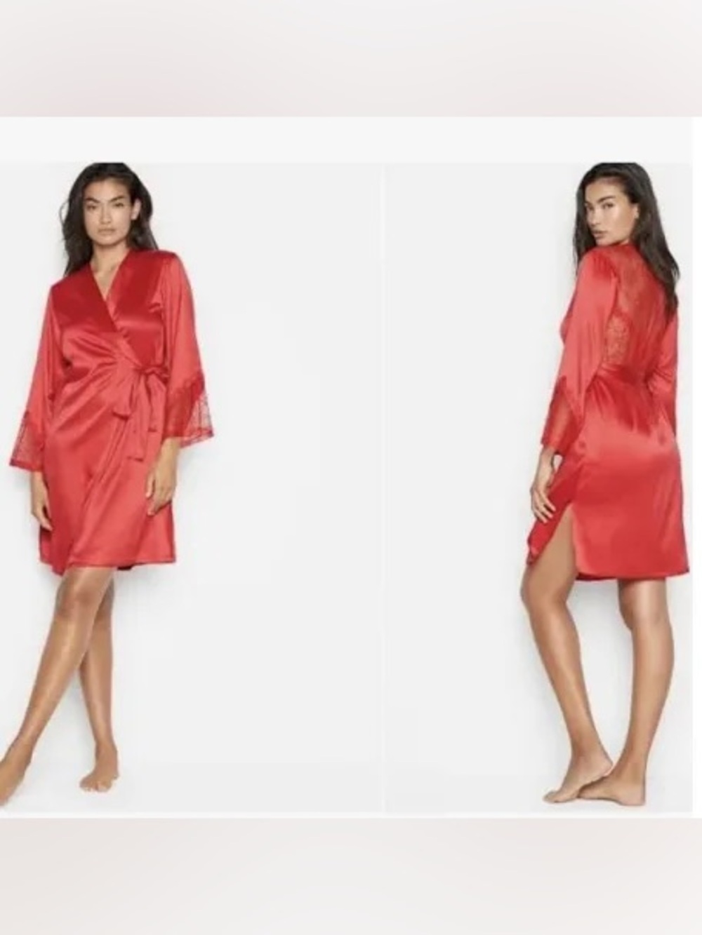Victoria’s Secret Lace Illusion Kimono Robe Red Satin Chantilly XS